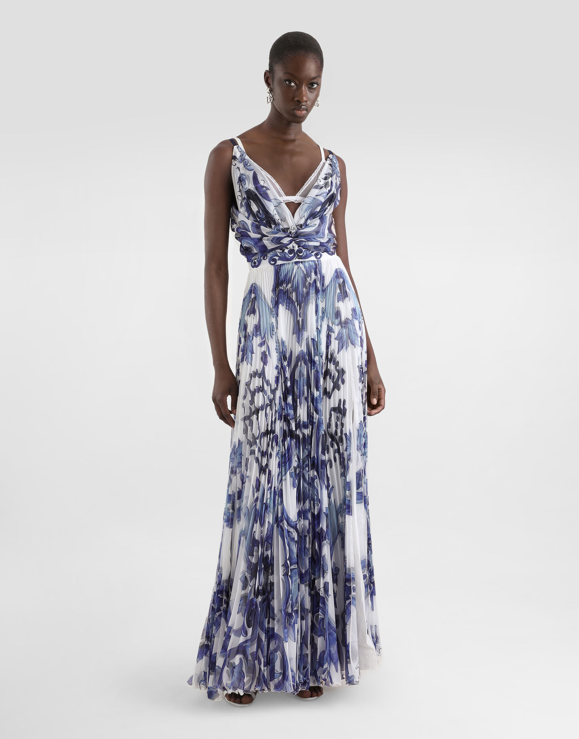 Majolica-print chiffon dress in Blue for Women | Dolce&Gabbana®