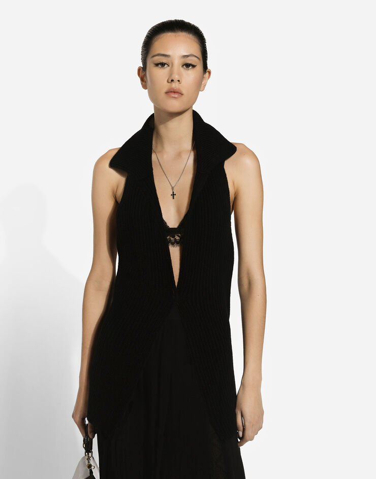 Dolce & Gabbana Lange Wollweste aus geripptem Patentstrick Schwarz FXT24TJFMGK