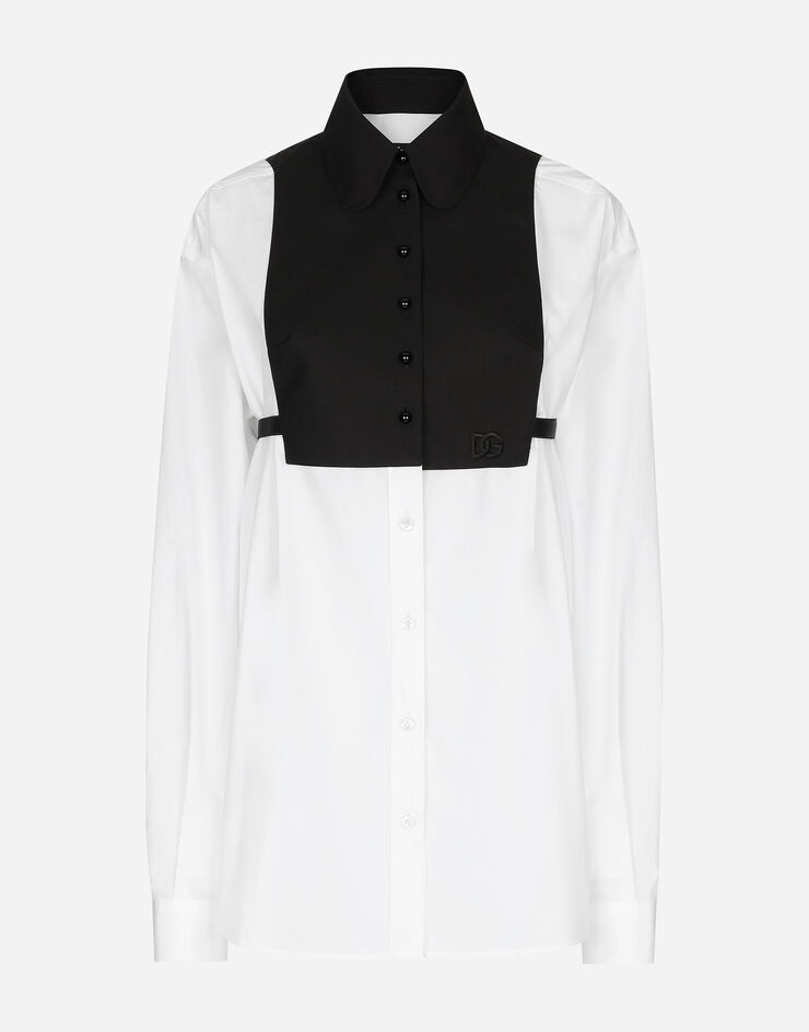 Dolce & Gabbana Bluse aus Baumwolle mit kontrastierendem Plastron Weiss F5S46ZFU5T9