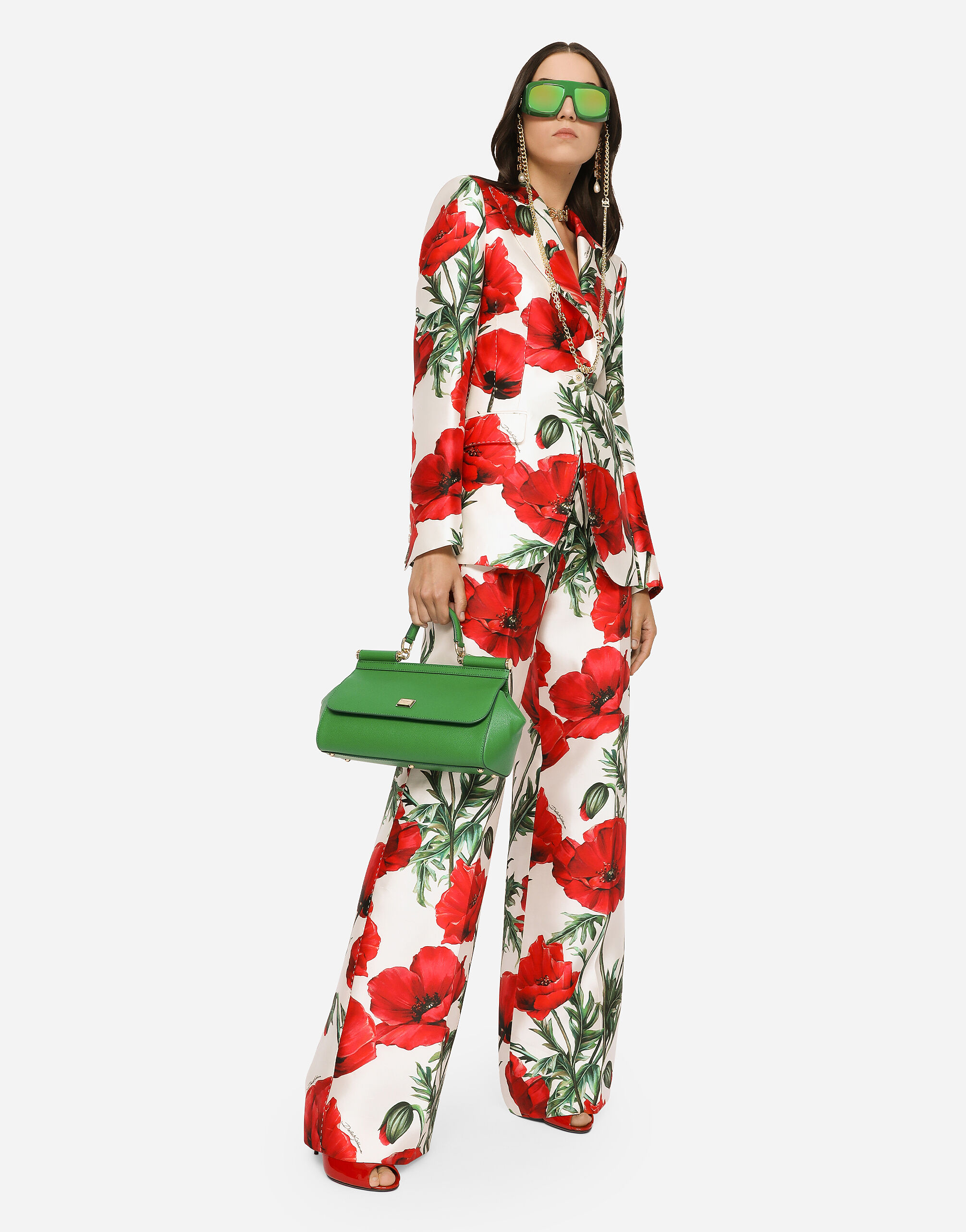 DOLCE&GABBANA ポピープリント シルクシャンタン製 フレアパンツ DOLCE&GABBANA ポピープリント シルクシャンタン製 フレアパンツ