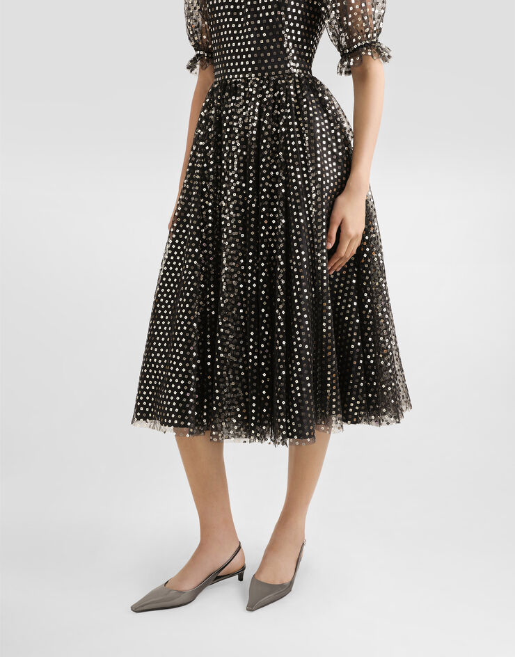Dolce & Gabbana Calf-length tulle babydoll dress with sequin embellishment Gold F6TKQTFLSHD