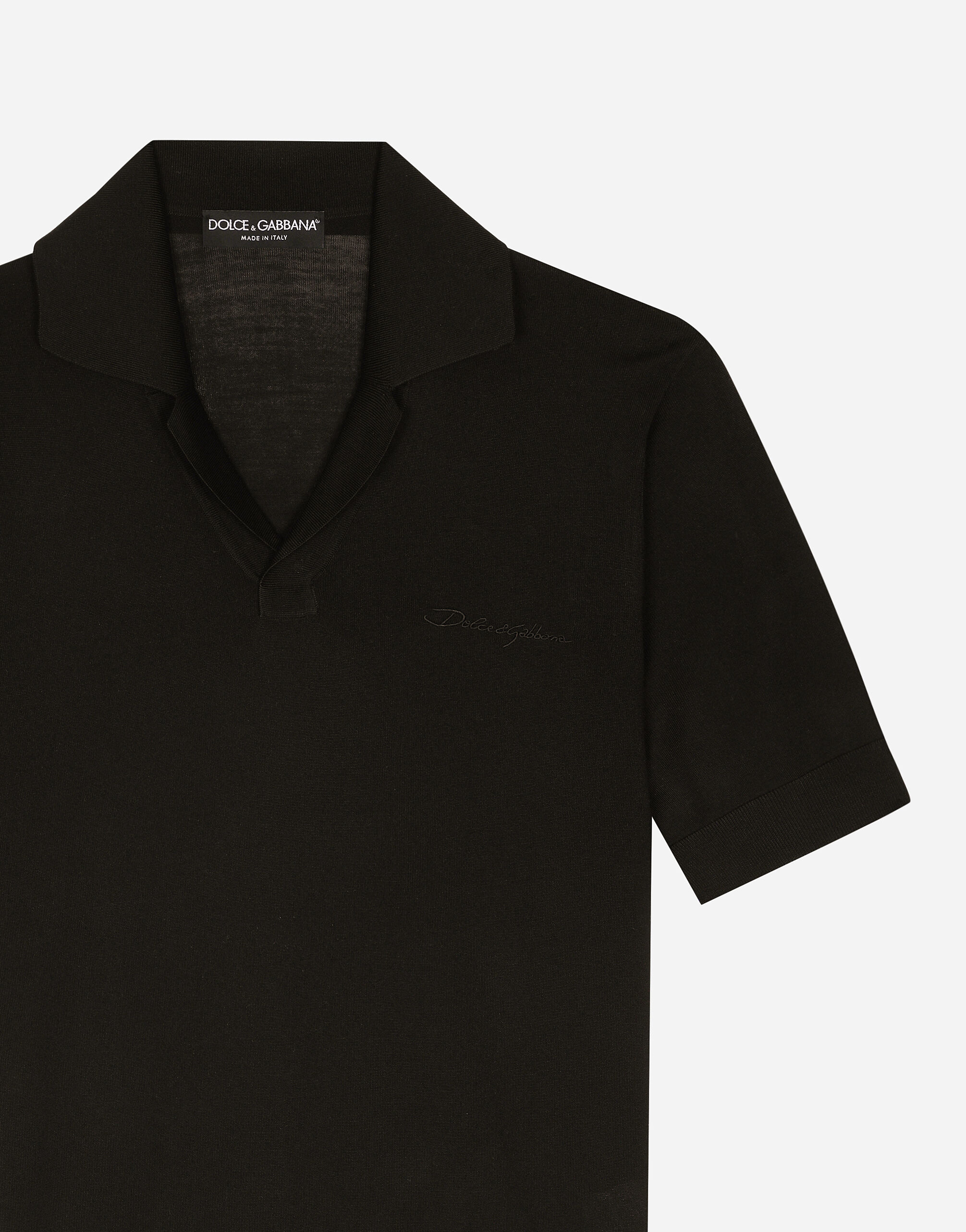 Silk polo-shirt with Dolce&Gabbana embroidery in Black for Men