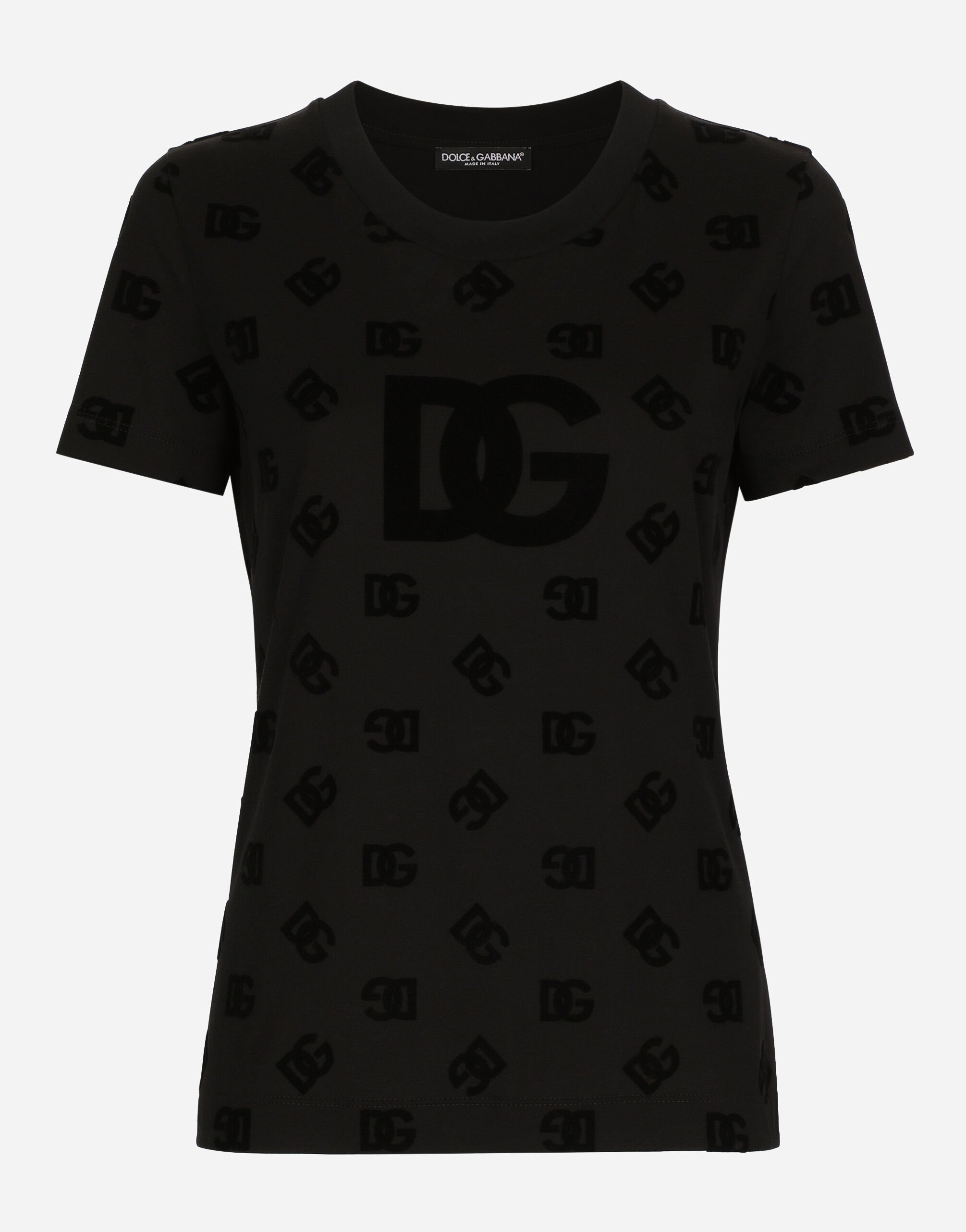 Dolce & Gabbana T-shirt in jersey con logo DG flock allover Bianco F8T00ZGDCBT