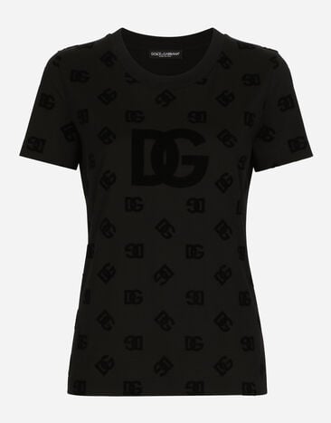Dolce & Gabbana T-Shirt aus Jersey mit geflocktem DG-Logo allover Schwarz FXE03TJBMQ3
