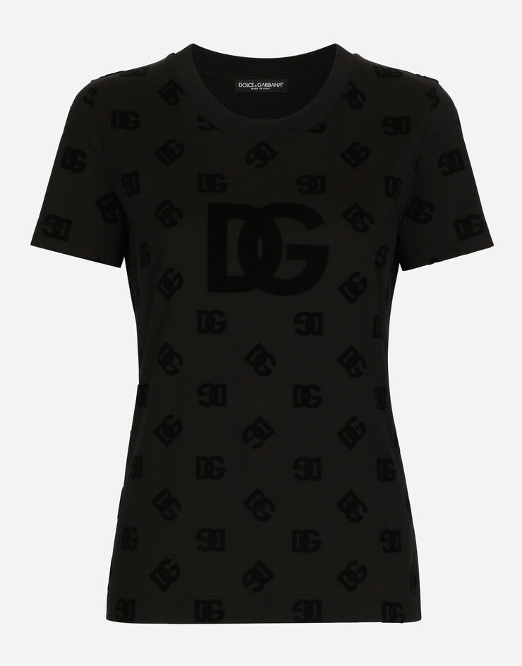 Dolce & Gabbana Jersey T-shirt with all-over flocked DG logo Black F8T00TGDB9K