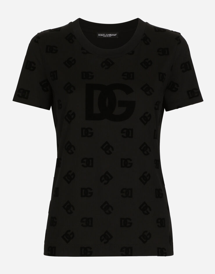 Dolce & Gabbana T-Shirt aus Jersey mit geflocktem DG-Logo allover Schwarz F8T00TGDB9K