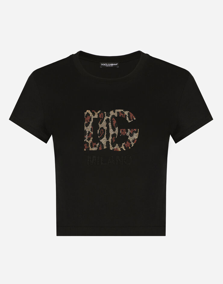 Dolce&Gabbana 열접착 라인스톤 DG 로고 쇼트 티셔츠 블랙 F8U48ZGDBZW