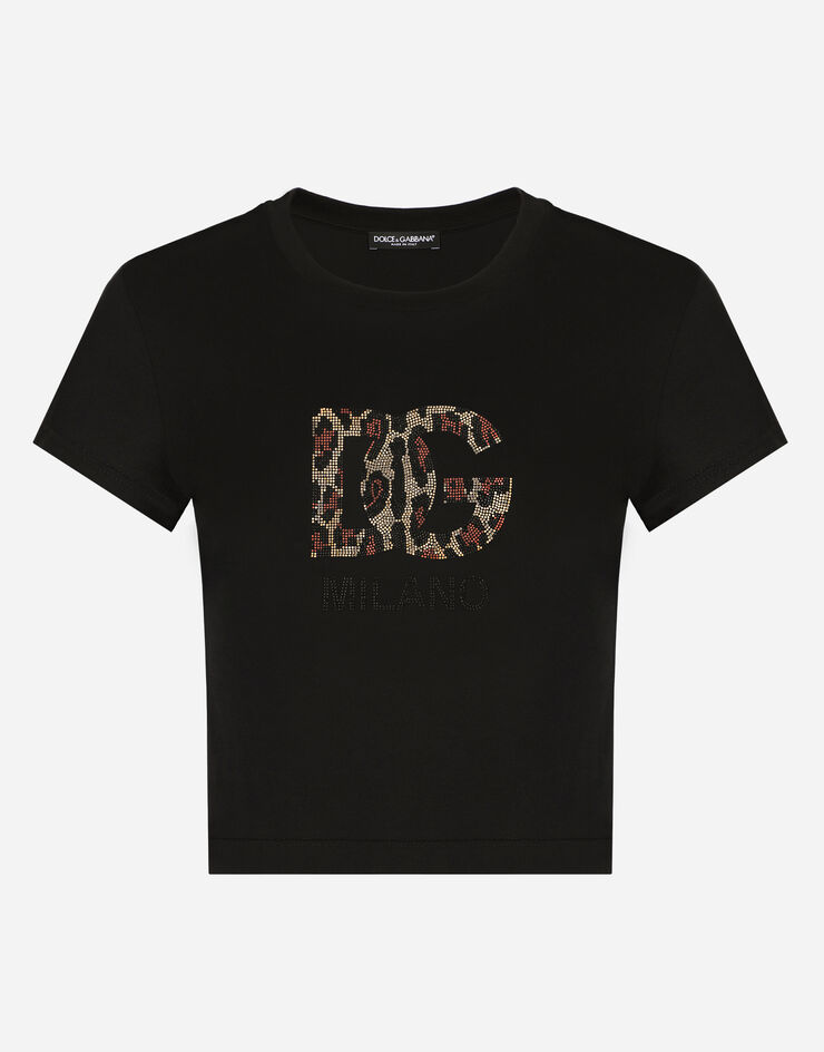 Dolce&Gabbana Camiseta corta con logotipo DG de strass termoadhesivos Negro F8U48ZGDBZW