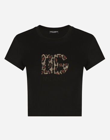 Dolce & Gabbana Camiseta corta con logotipo DG de strass termoadhesivos Blanco F8T00ZGDCBT