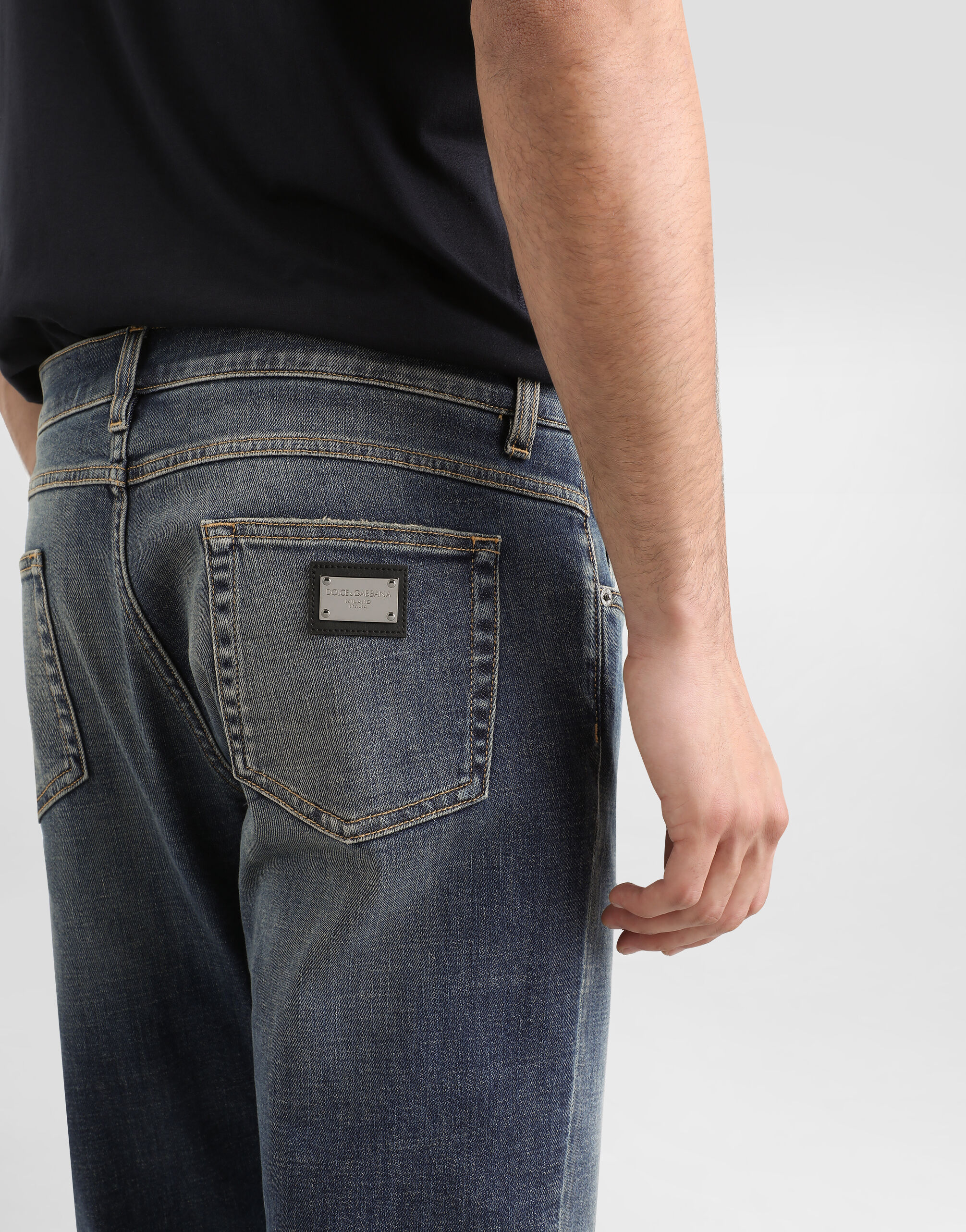 Regular-fit blue wash stretch jeans in Multicolor for Men