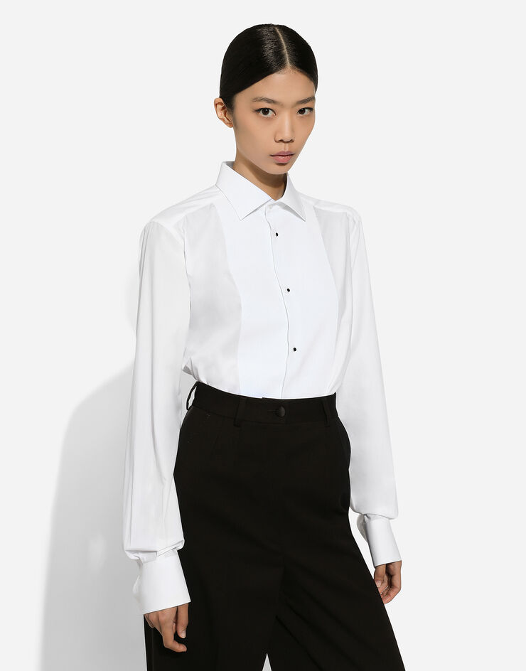 Dolce & Gabbana Camicia tuxedo in cotone con plastron in piquet Bianco F5S30TFU5K9