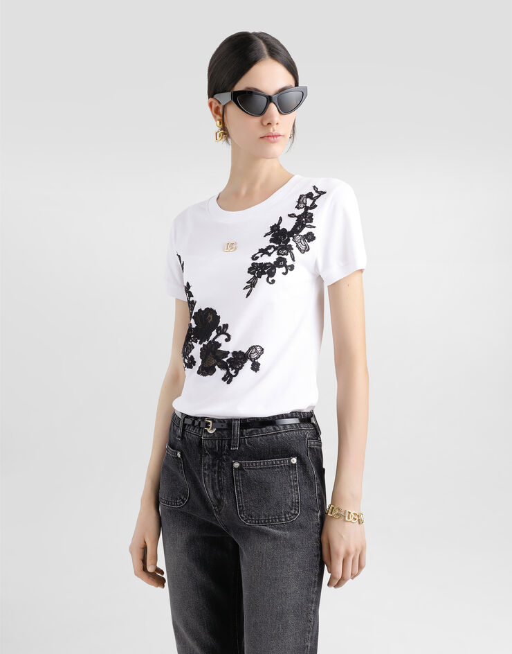 Dolce & Gabbana Jersey T-shirt with DG logo pin and lace details White F8V20TGDCTI