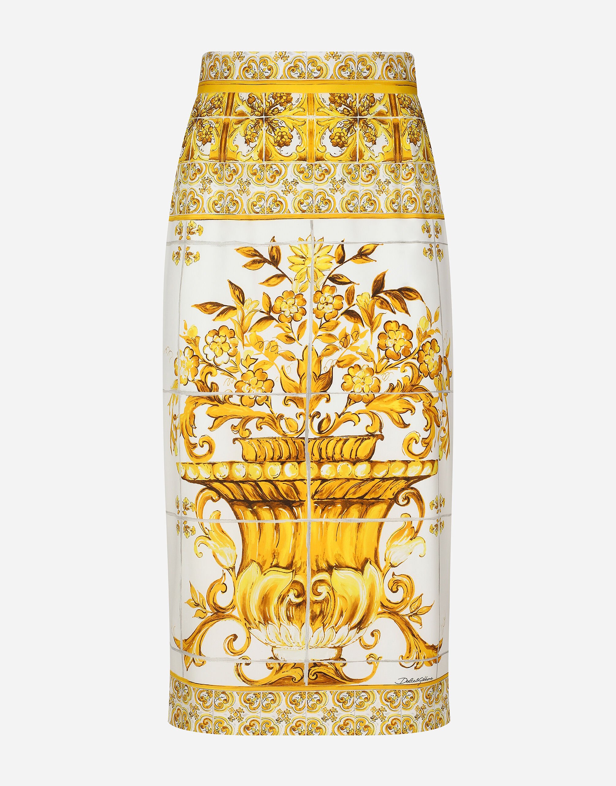 Dolce & Gabbana Jupe mi-longue en charmeuse de soie à imprimé majoliques Imprimé F6ADLTHH5A0