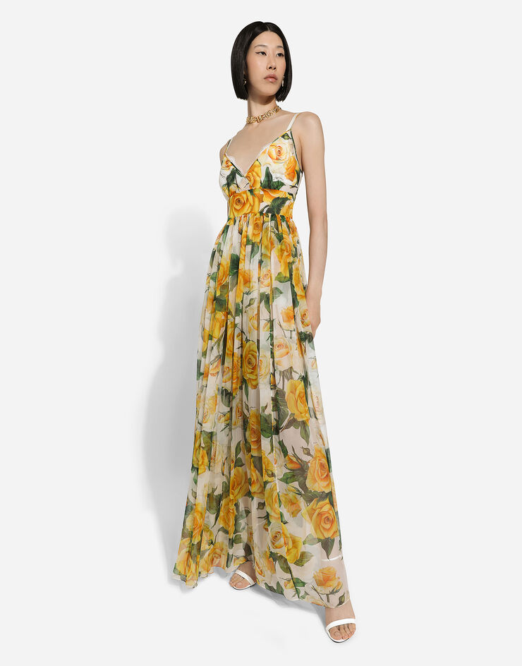 Dolce & Gabbana Long silk chiffon dress with yellow rose print Print F6J8BTIS1P2