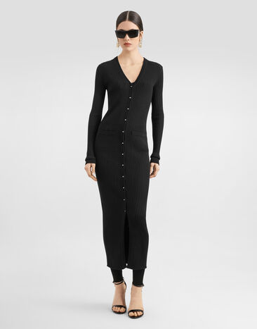 Dolce & Gabbana Длинный кардиган из шерсти в рубчик черный FXV37TJCVXG