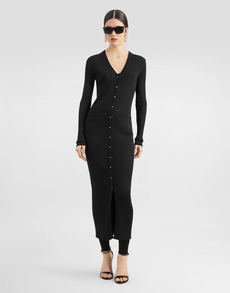Dolce & Gabbana Langer gerippter Wollcardigan Schwarz FXV37TJCVXG