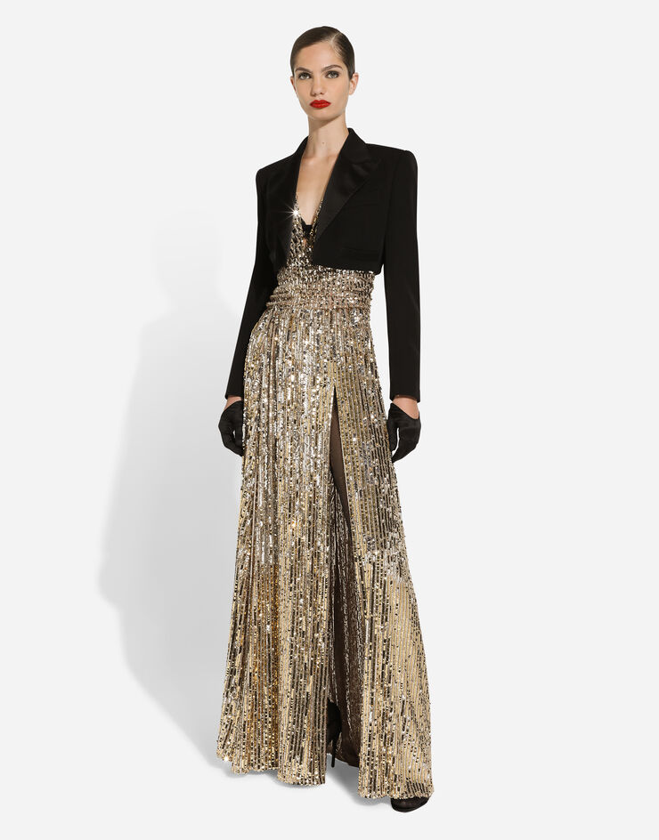 Dolce & Gabbana 트임 디테일 시퀸 롱 드레스 골드 F6JRATFLSIX