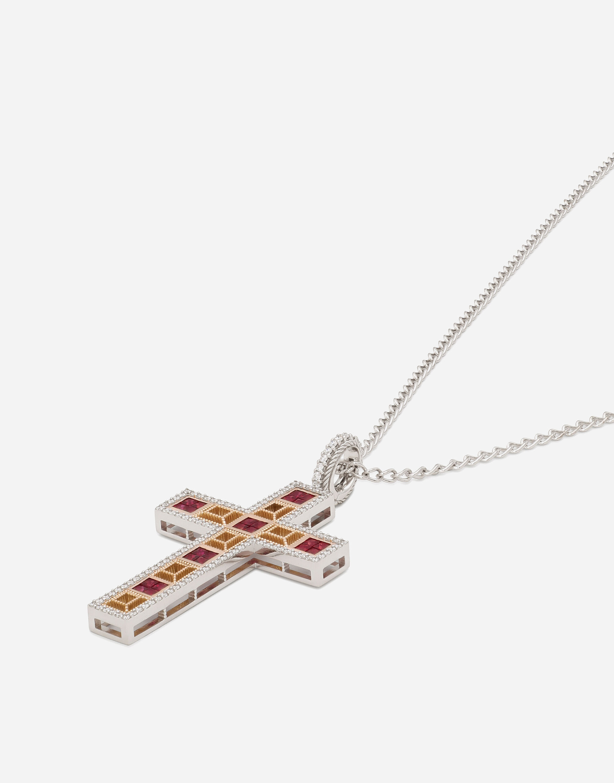 Cross Pendant 18kt white gold with rubies and diamonds in Red for