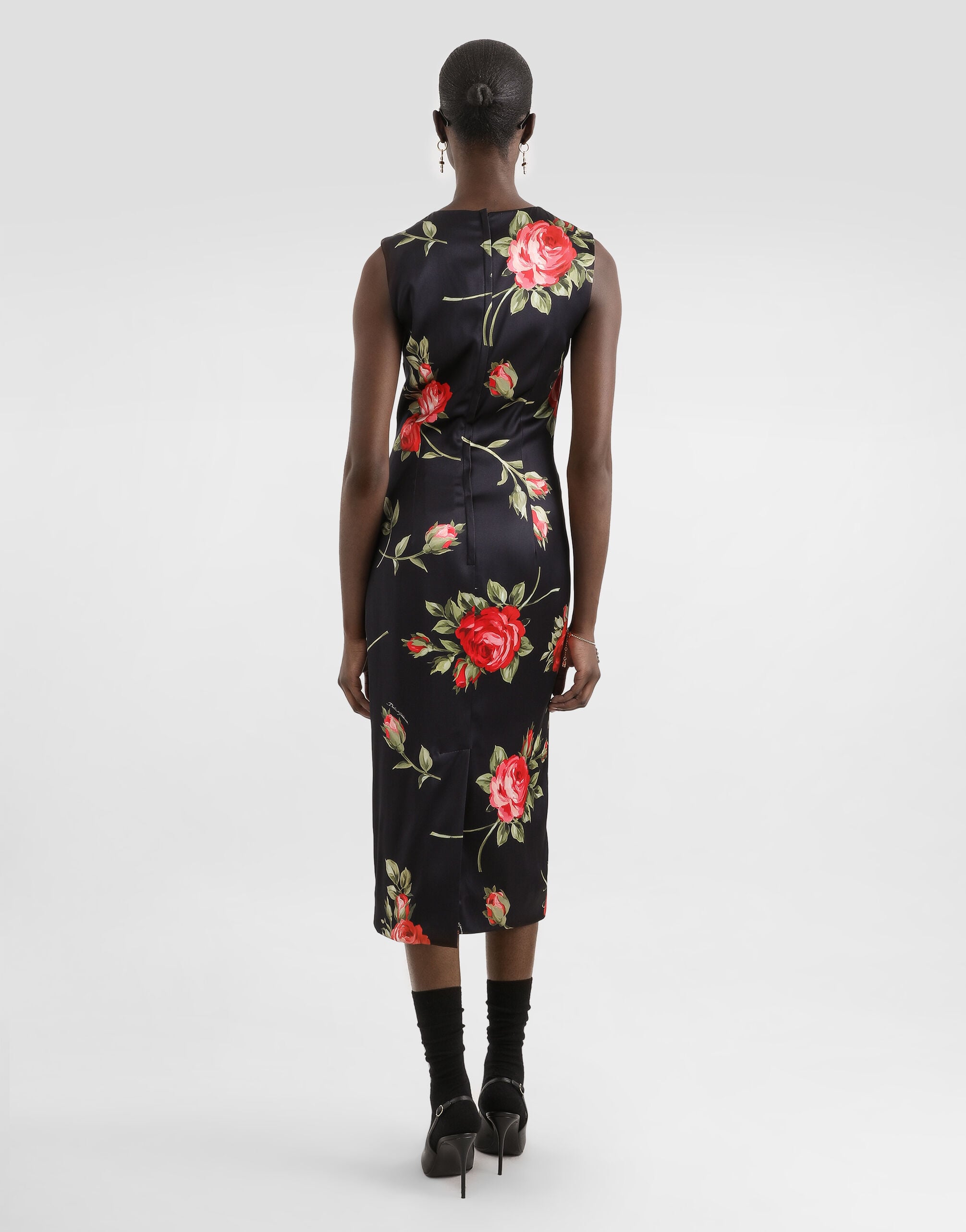Rose bouquet-print satin dress in Multicolor for Women