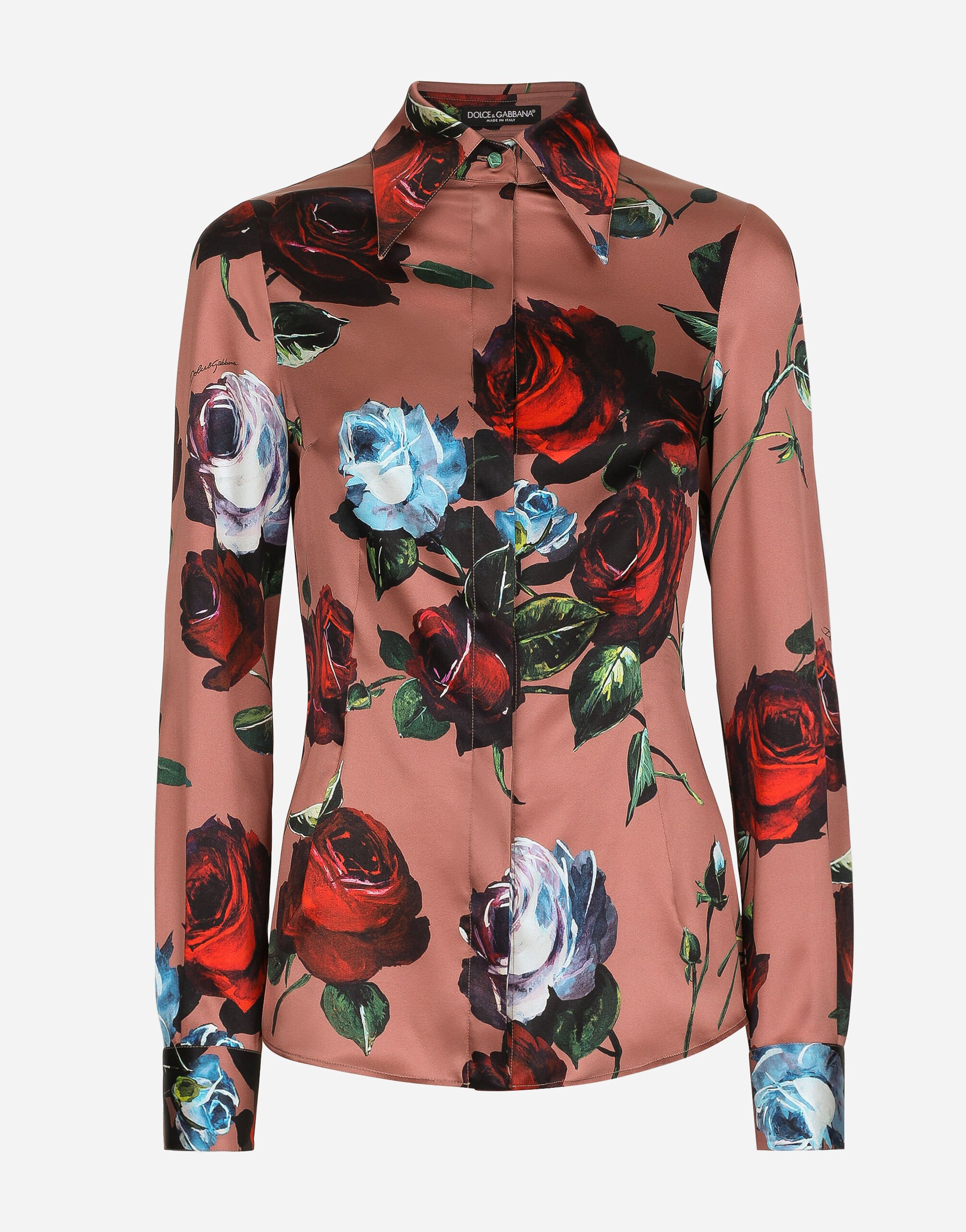 Dolce & Gabbana Satin shirt with vintage rose print Crystal WEQ2D6W1111
