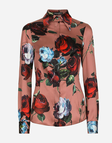 Dolce & Gabbana 빈티지 로즈 프린트 새틴 셔츠 머스터드 F5Q08THS5Q0