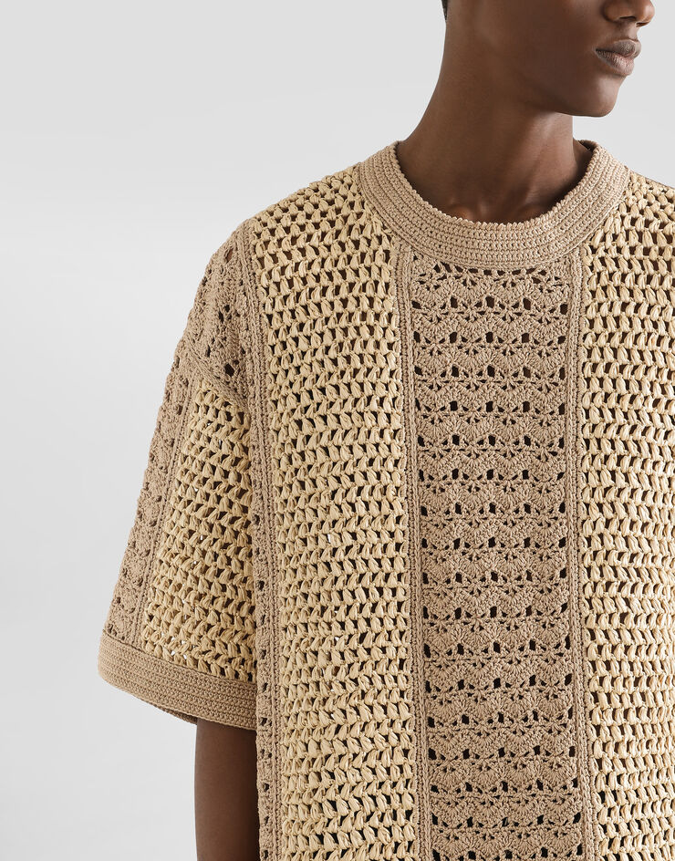 Dolce & Gabbana Jersey de cuello redondo de ganchillo de algodón y viscosa Beige GXXA1TJFMNE