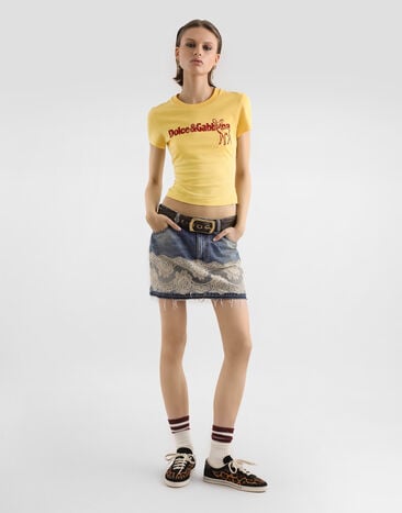 Dolce & Gabbana Denim skirt with lace Multicolor F4C6NDG8OB4