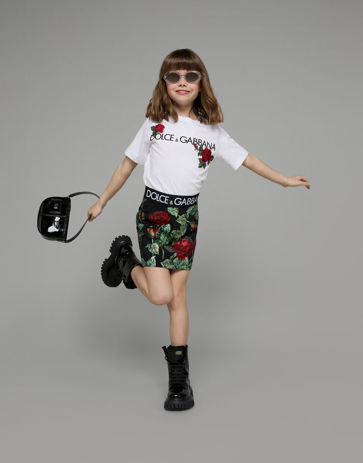 Dolce&Gabbana T-Shirt aus Jersey mit Logoprint und Rosen-Patch Weiss L5JTKTG7J7W