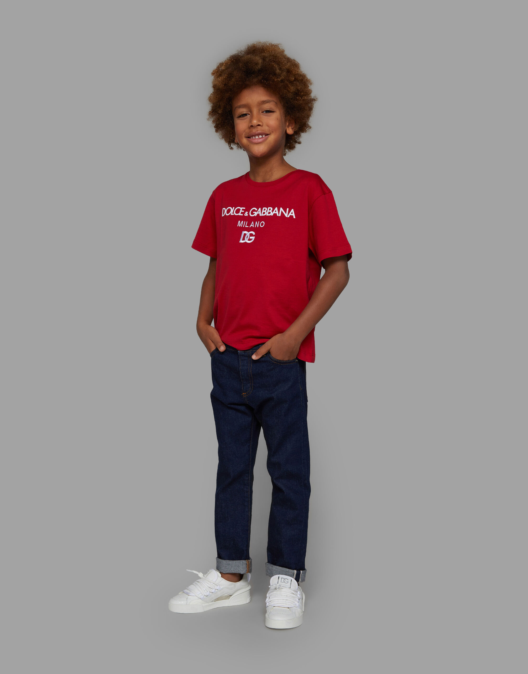 Jersey round-neck T-shirt with DG Milano embroidery in Red