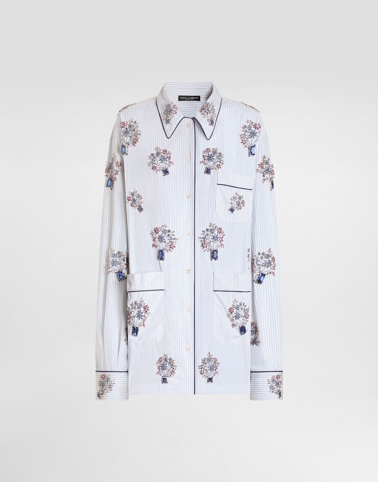 Dolce & Gabbana Poplin shirt with crystal flower embroidery Multicolor F5U26ZGDDSK
