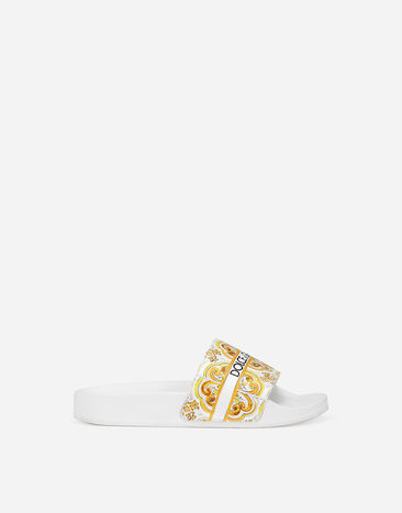 Dolce & Gabbana Calfskin beach sliders with the yellow majolica print Yellow D10819A1114