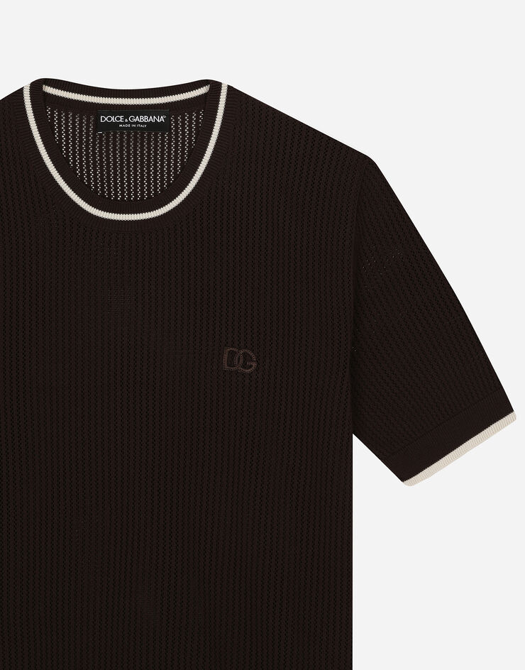 Dolce & Gabbana Round-neck cotton sweater with DG logo Brown GXX03ZJBCDS