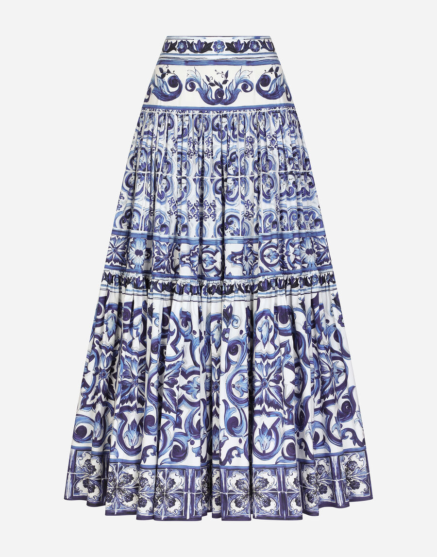Long majolica-print poplin skirt