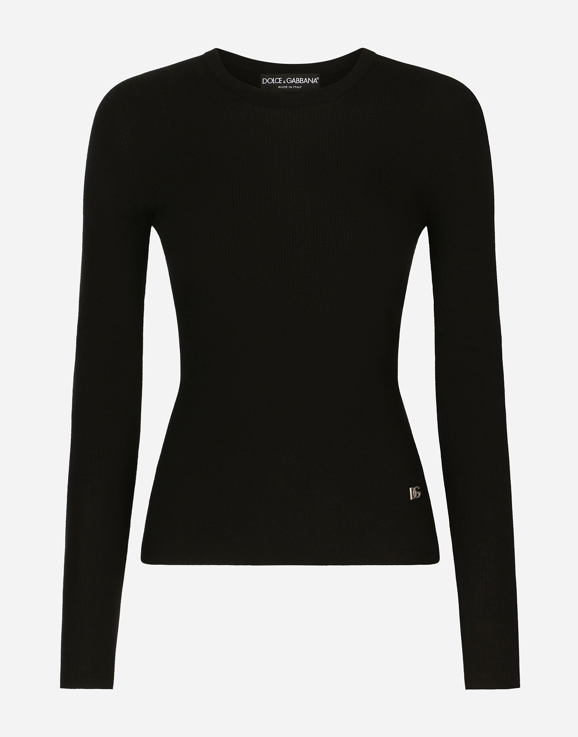 Dolce & Gabbana Ribbed cashmere and silk sweater with DG logo Black FXF72TJCMY0
