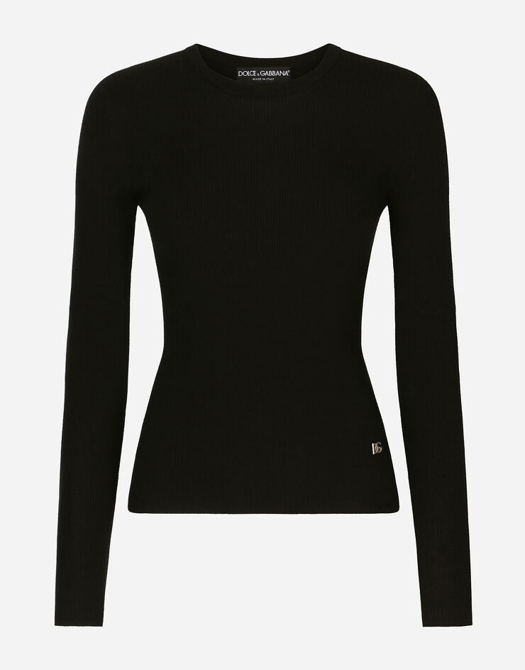 Dolce & Gabbana Ribbed cashmere and silk sweater with DG logo Black FX351ZJDMY7