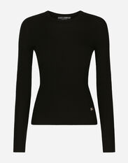 Dolce & Gabbana Ribbed cashmere and silk sweater with DG logo Green FXZ01ZJBSHY