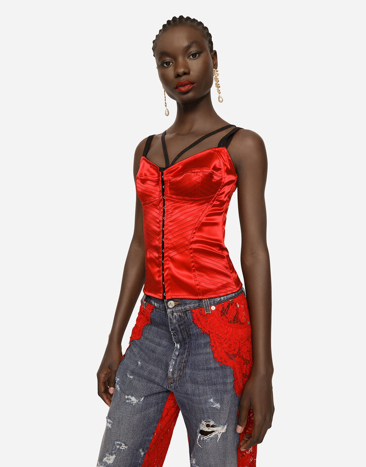 Dolce & Gabbana Bustier en satin avec attaches et surpiqûres Rouge F771STFURAD