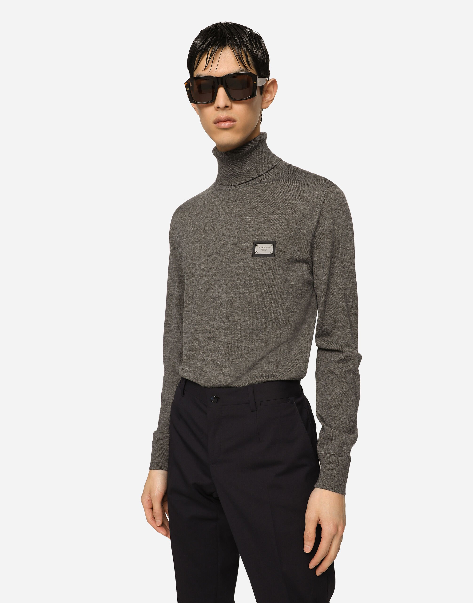 Wool turtle neck sweater with branded tag in Grey for Men Dolce Gabbana
