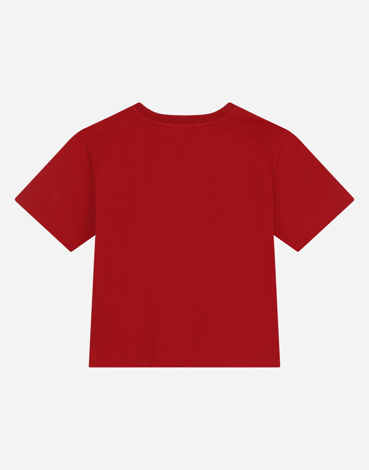 Dolce & Gabbana Rundhals-T-Shirt aus Jersey Stickerei DG Milano Rot L4JTEYG7E5G