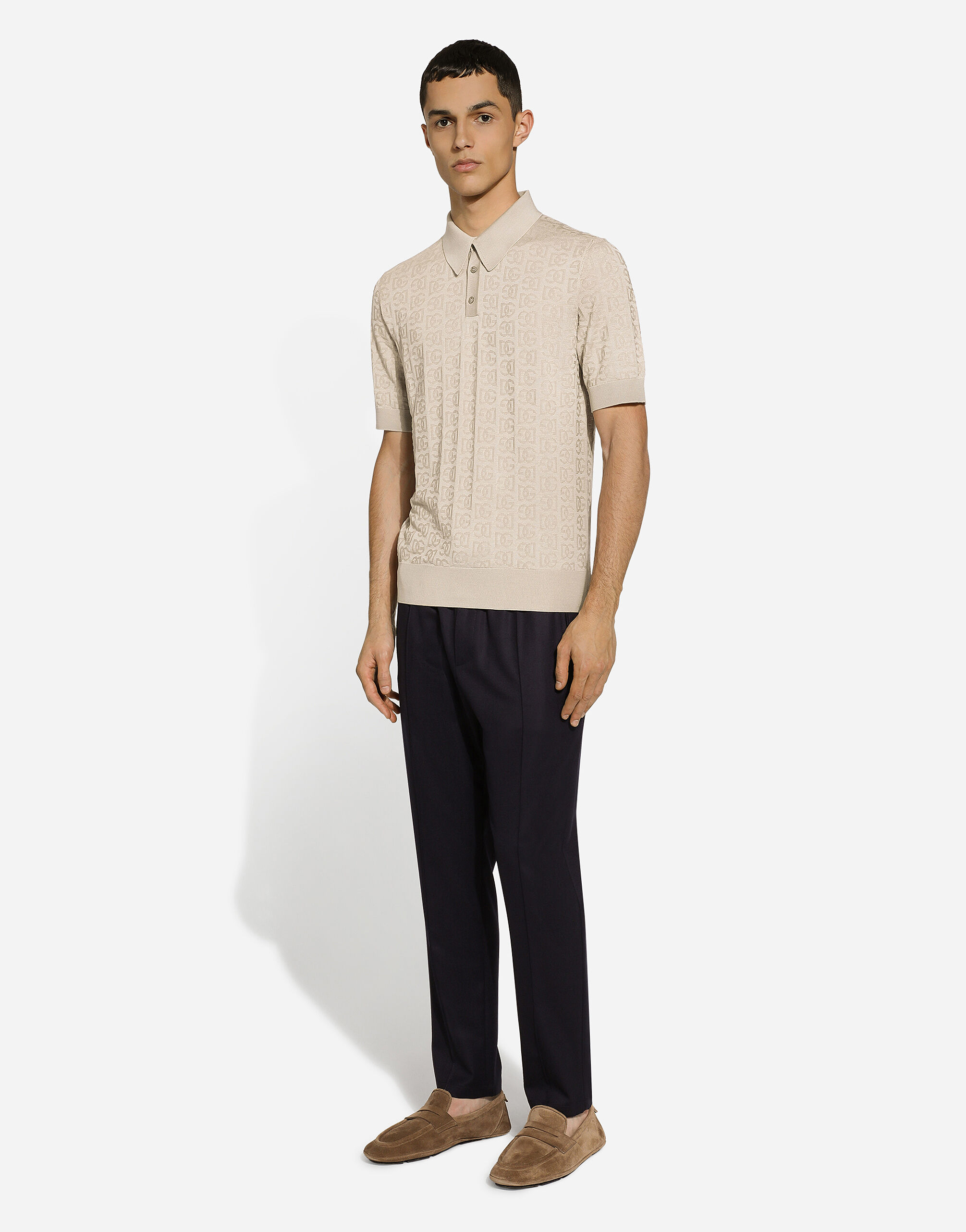 Silk jacquard polo-shirt with DG logo in Beige for Men