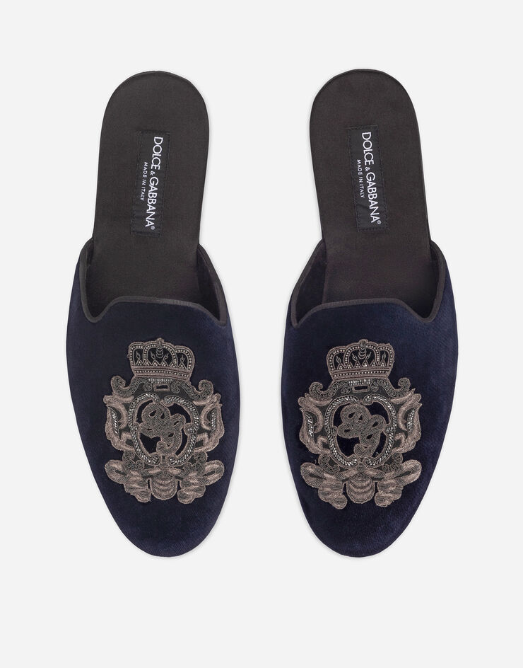Dolce & Gabbana Slipper aus Samt mit Wappen-Stickerei Blau A80310AO249