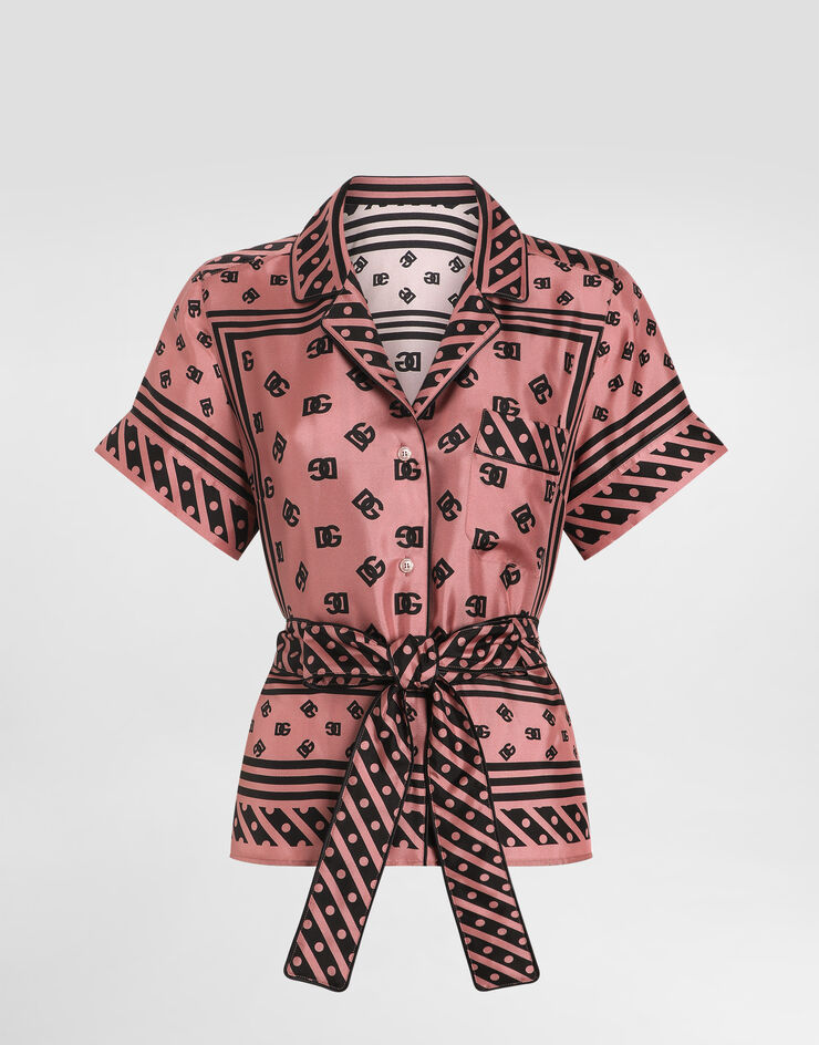 Dolce & Gabbana Camisa estilo pijama de manga corta en sarga de seda con estampado fular logotipo DG Print F5G67THI1X0