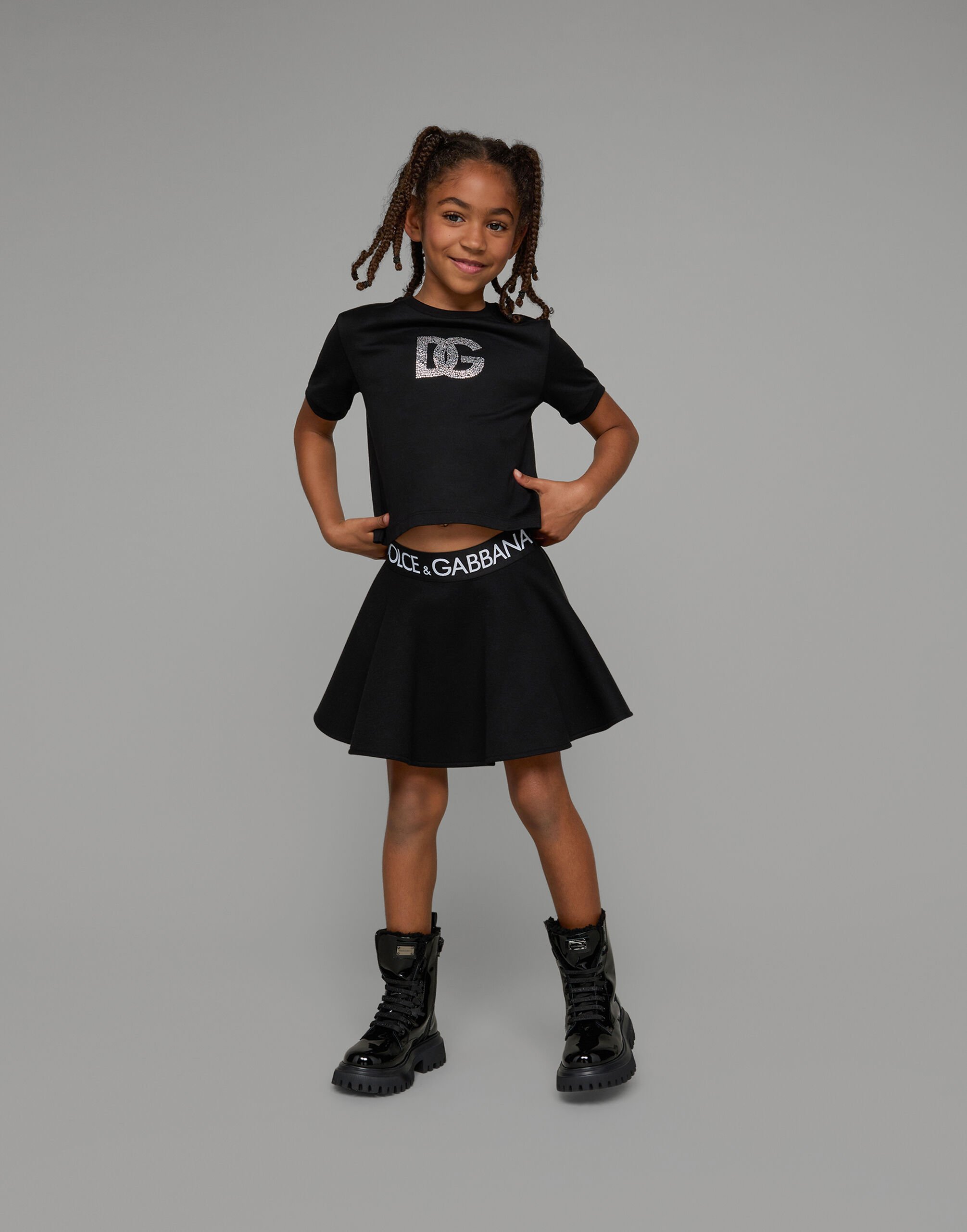 Jersey T-shirt with rhinestone logo in Black for Girls