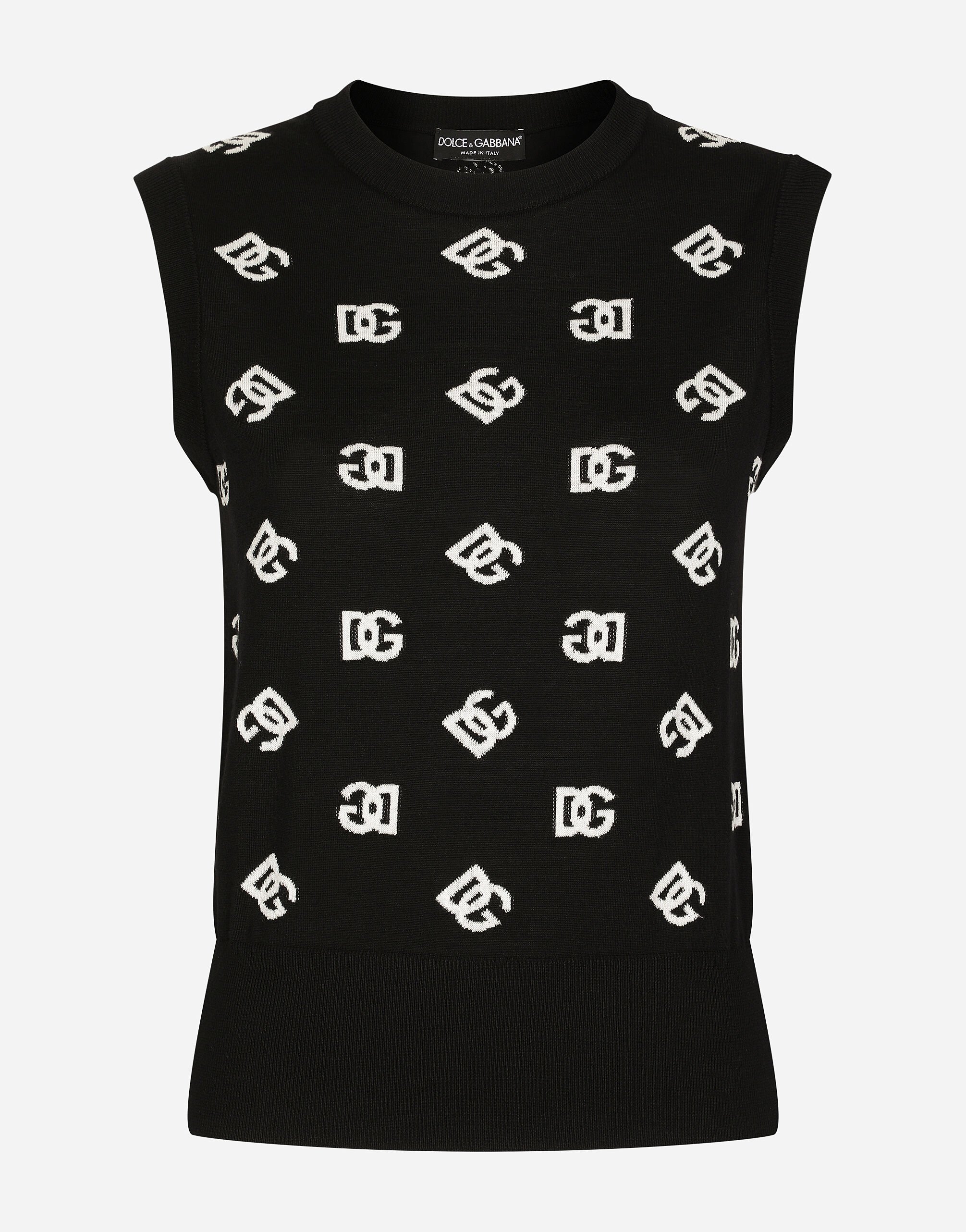 Dolce & Gabbana Wool and silk vest with all-over DG logo Black FXI48TJAIL1