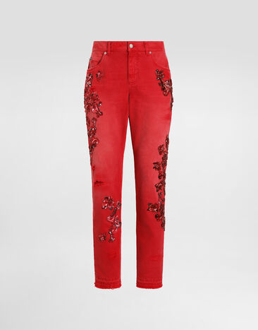 Dolce & Gabbana Denim trousers with crystals Red GYJCCZG8PP6