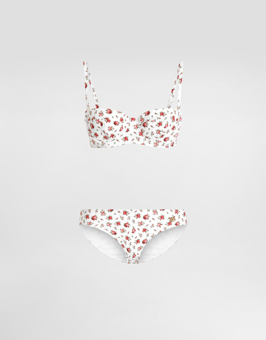 Small rose-print padded balconette bikini