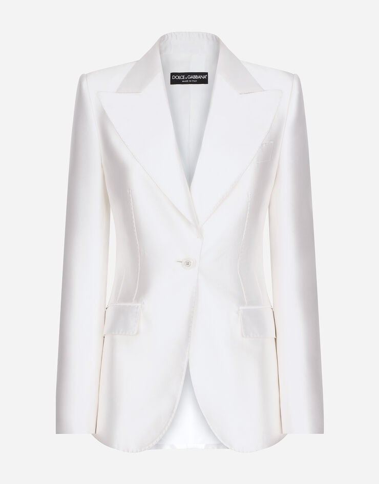 Dolce & Gabbana جاكيت تورلينغتون من حرير ميكادو بصف أزرار مفرد أبيض F29UCTFU1L6