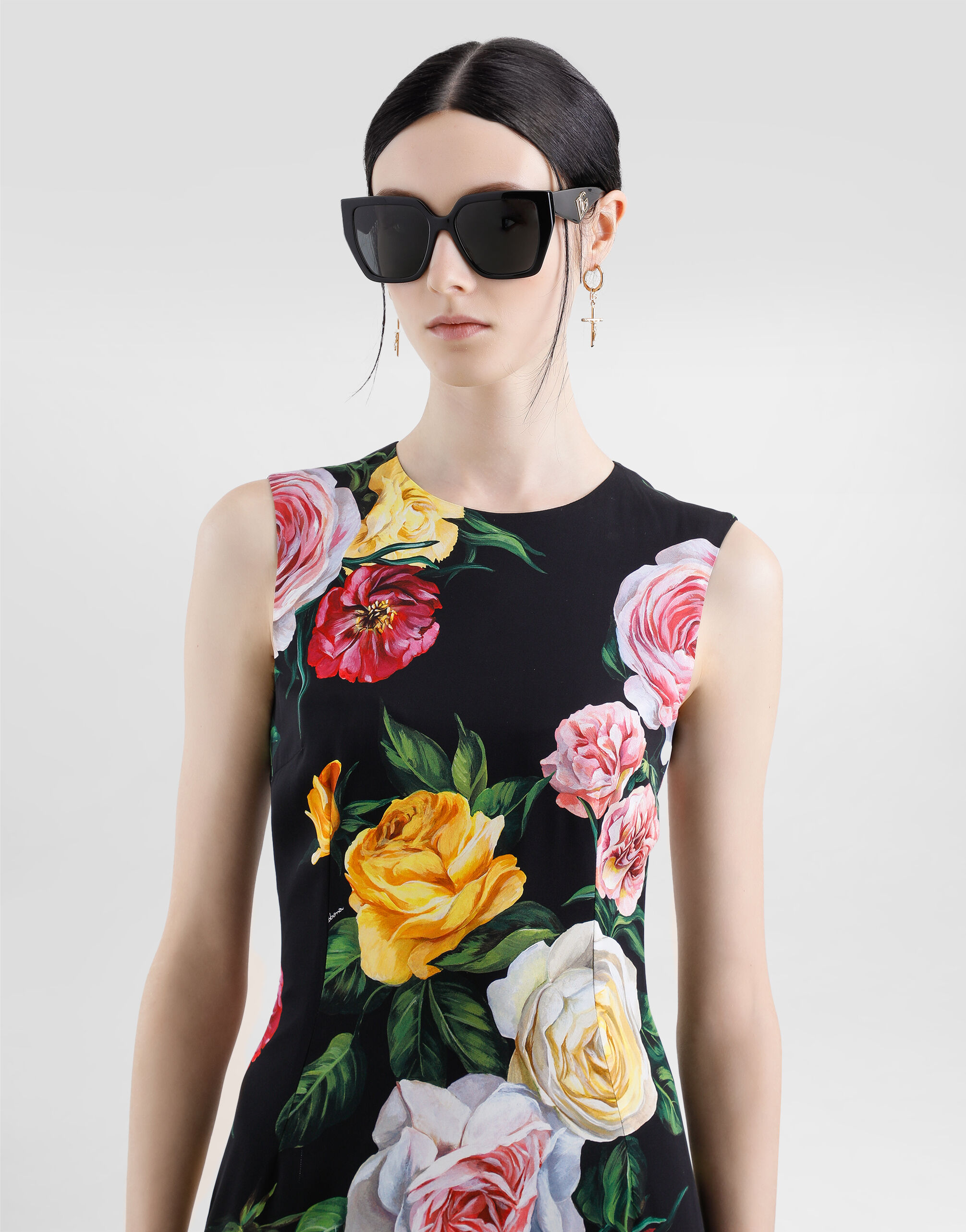 Charmeuse calf-length sheath dress with peony and rose print in