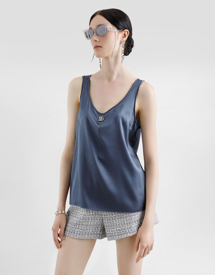 Dolce & Gabbana Top de tirantes de raso con logotipo DG pin Gris F7AK5TGDCVQ