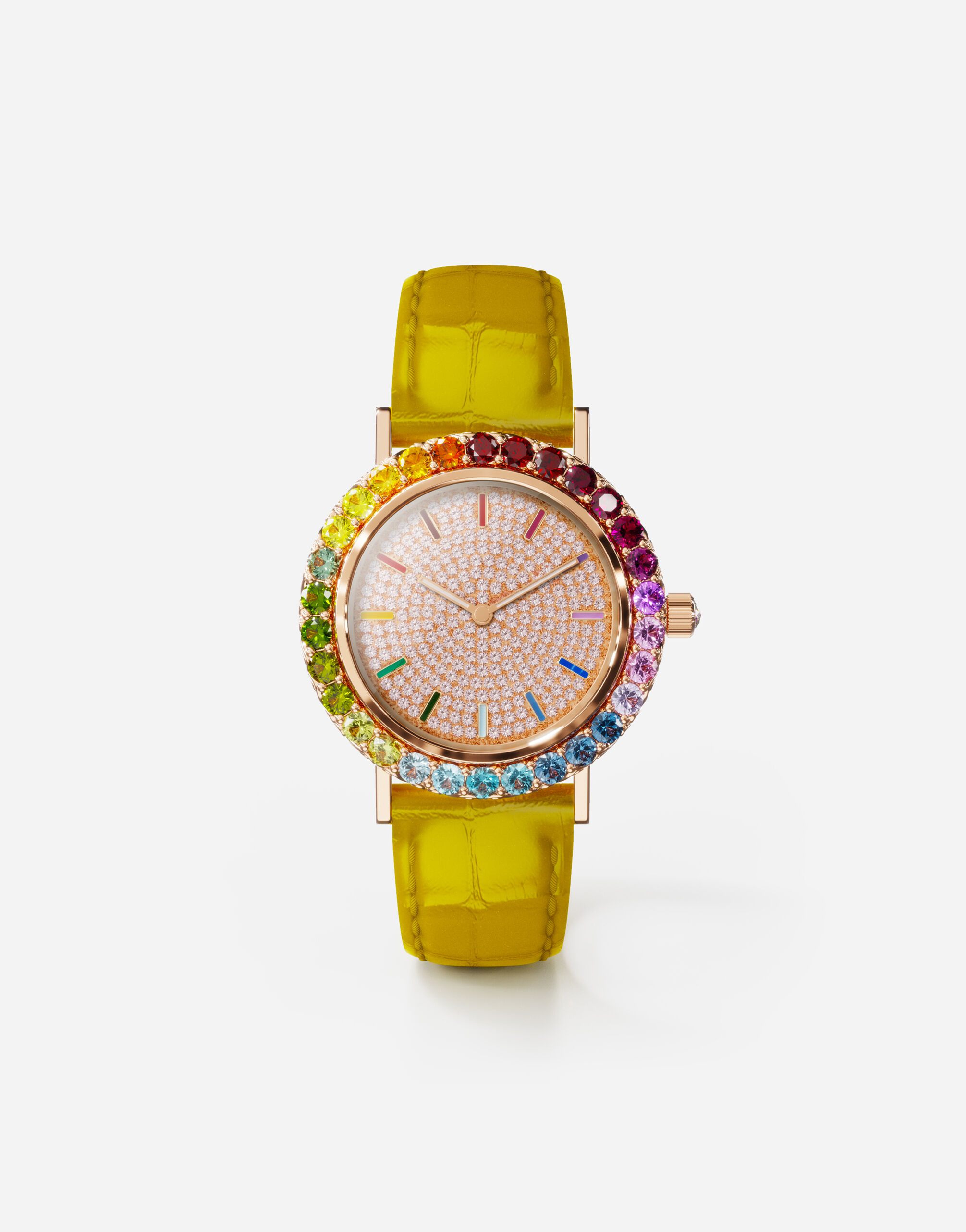 Iris watch in rose gold with multi colored fine gems and diamonds